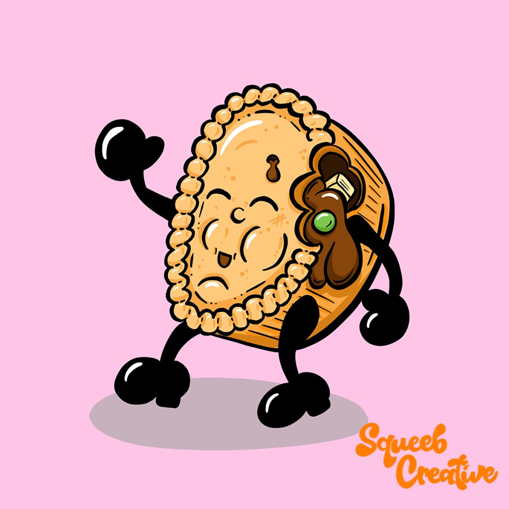 cartoon Chicken and pea Pie Comic Illustration By Squeeb Creative