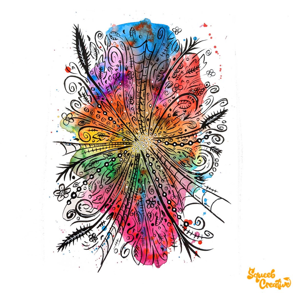 Watercolour and Ink Floral Abstract Doodle Art by Squeeb Creative Artist