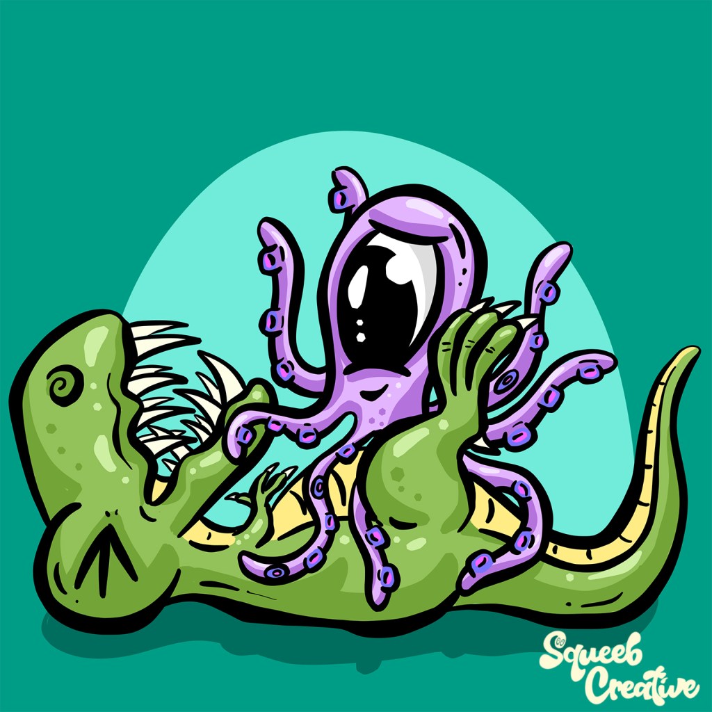 Dinosaur and Octopus Tickling Time Cartoon Characters by Squeeb Creative