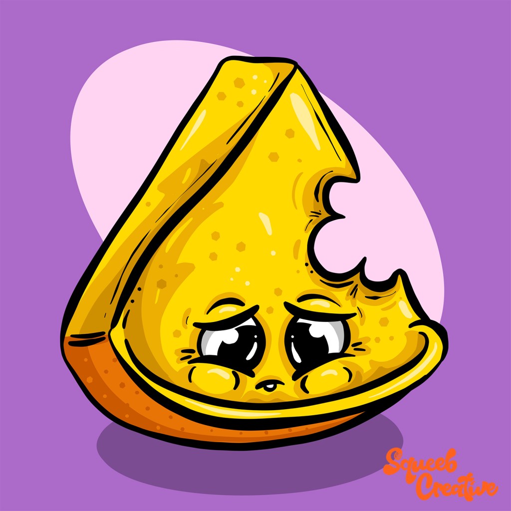 The Half eaten chedder cheese by Squeeb Creative Cartoon Mascot Illustration