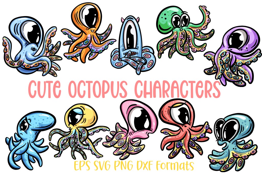 Cartoon Cute Octopus Character Logo Sticker Design Collection by Squeeb Creative