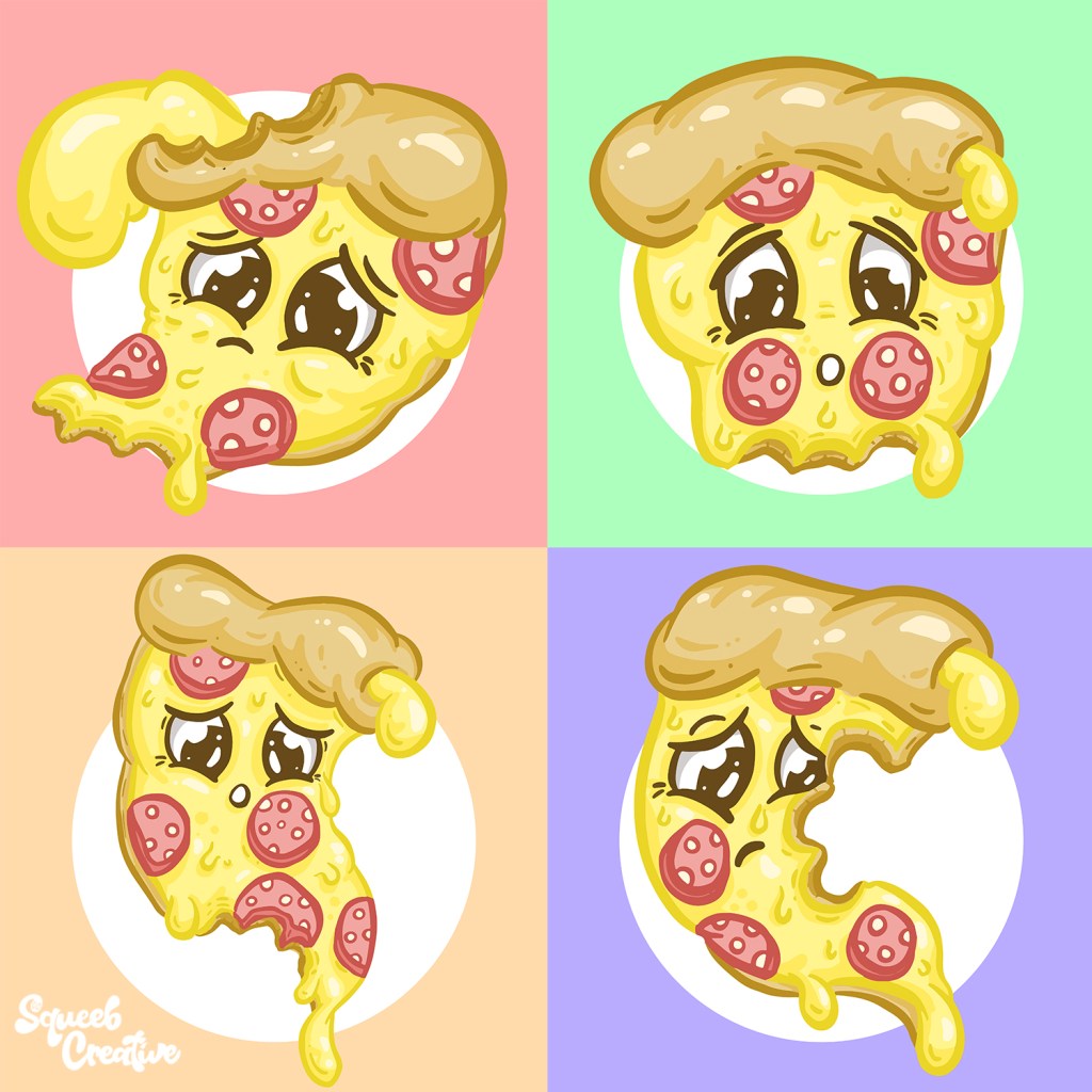 Cartoon Pizza Slice Sticker and Logo Designs by Squeeb Creative