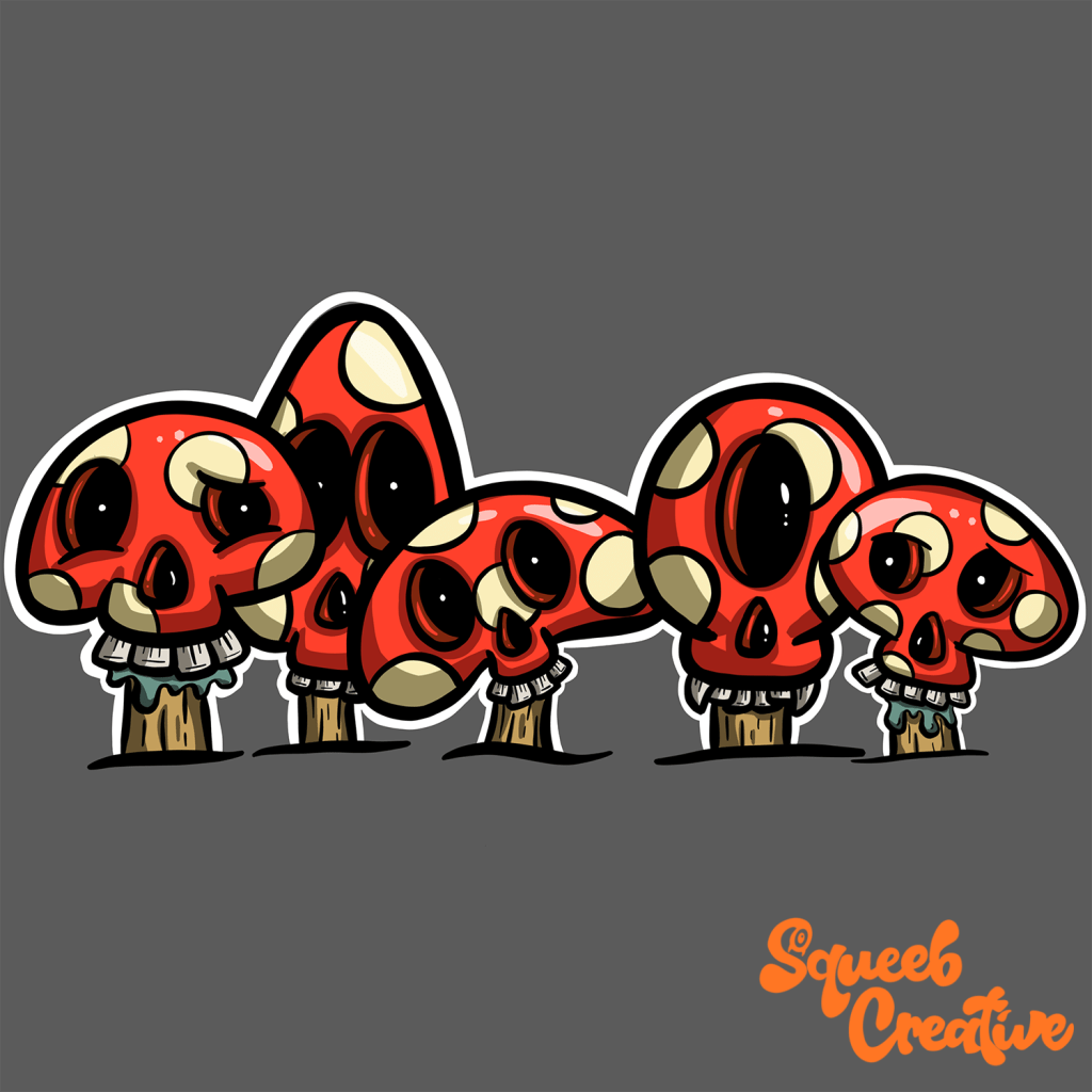 Freaky Skull Shaped Toadstool Cartoon Characters by Squeeb Creative