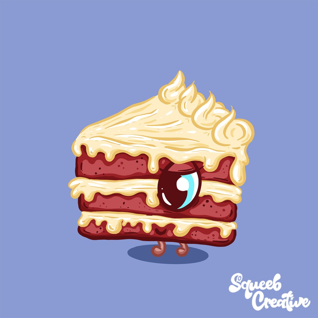 Red Velvet Slice Cake Crazy Cartoon Lowbrow Cake Slice Characters by Squeeb Creative
