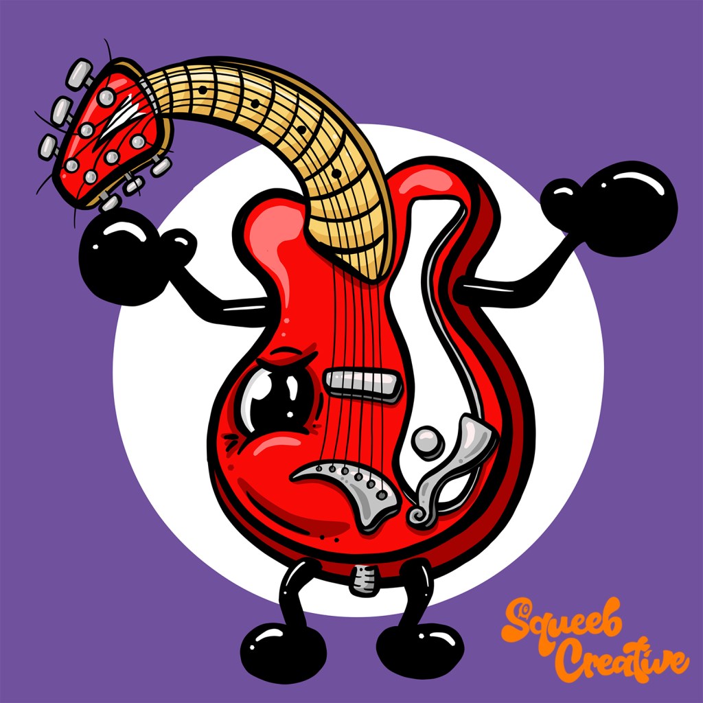 Funny Guitar Cartoon Illustration Mascot by Squeeb Creative