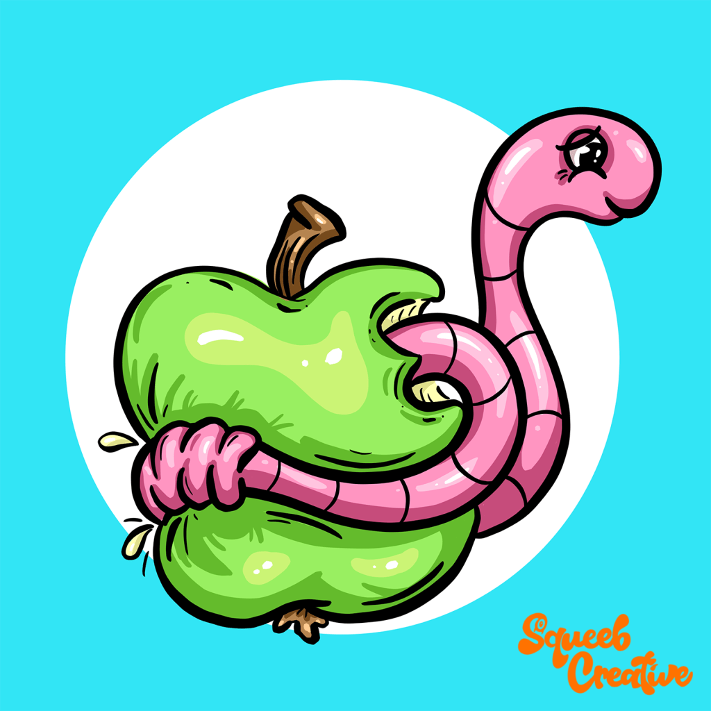 Worm in Apple Cartoon Character Logo by Squeeb Creative