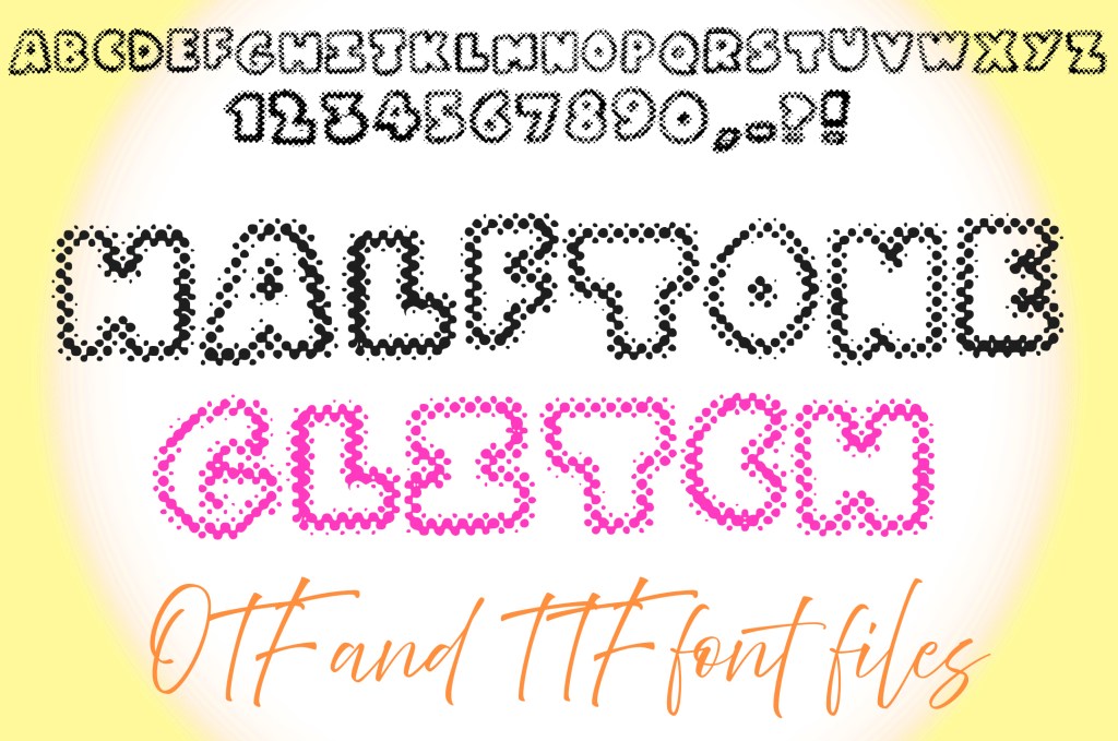 Halftone Glitch Dot Typeface OTF Font Lettering ABC by Squeeb Creative Social