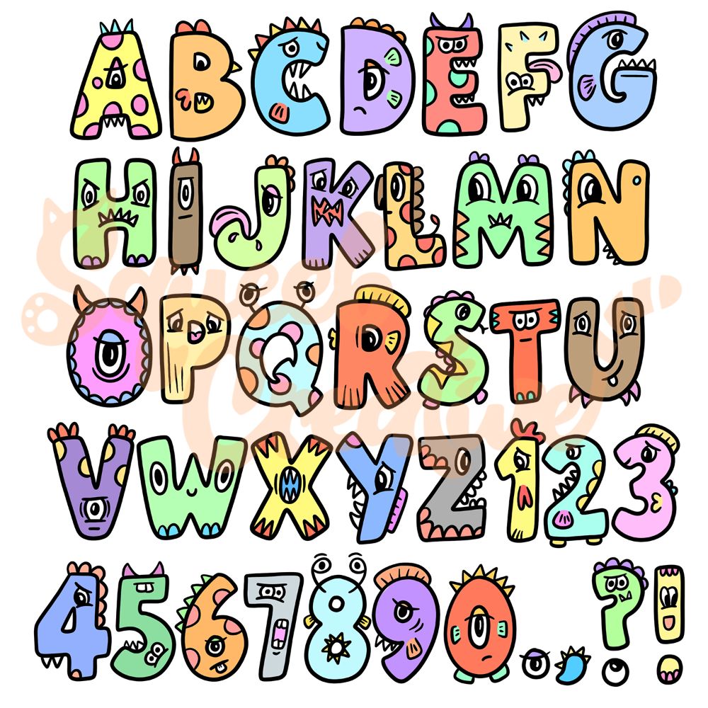 Little Monsters ABC Cute Cartoon Font Letters Typography Hand Drawn PNG by Squeeb Creative
